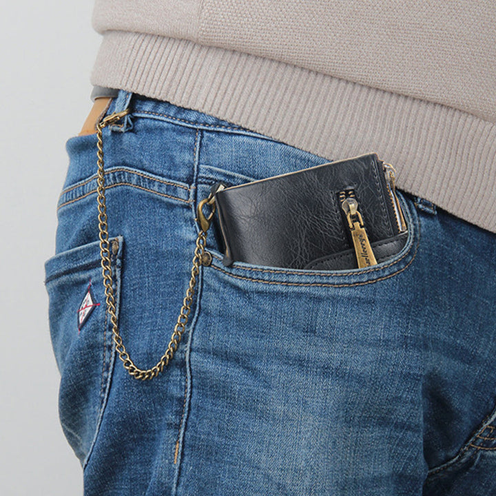 Norvo | Men’s RFID-lommebok med kjede, retro bifold kortholderlommebok