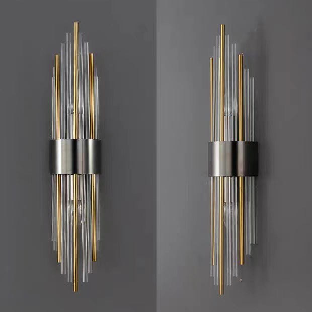 Norvo | Moderne Nordisk Rund Pipe Lang Rustfritt Stål Krystall 2-Lys Vegglampe Til Stue