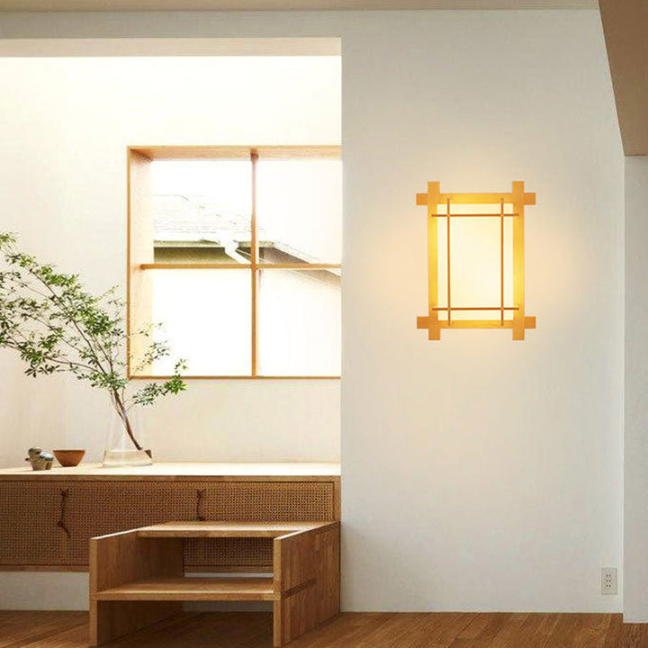 Norvo | Tradisjonell japansk rektangulær massiv tre ramme faux pergamentskjerm 2-lampe vegglampe for soverom