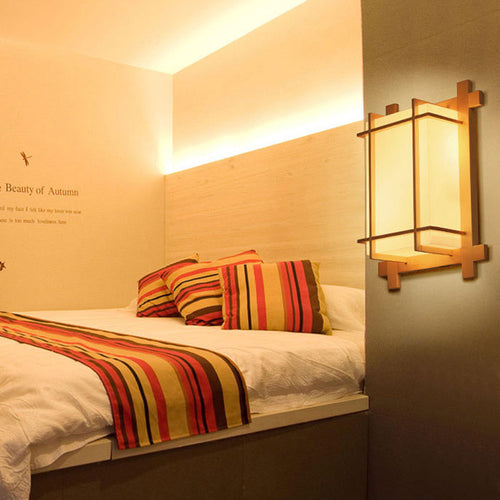 Norvo | Tradisjonell japansk rektangulær massiv tre ramme faux pergamentskjerm 2-lampe vegglampe for soverom