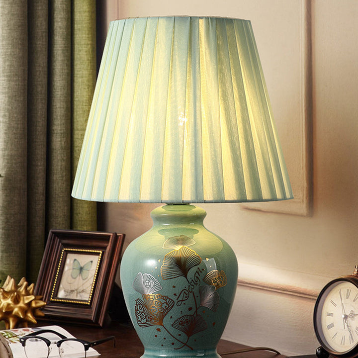 Norvo | Tradisjonelt kinesisk blomsterdesign rund vifte stoff keramikk 1-lys bordlampe til stuen