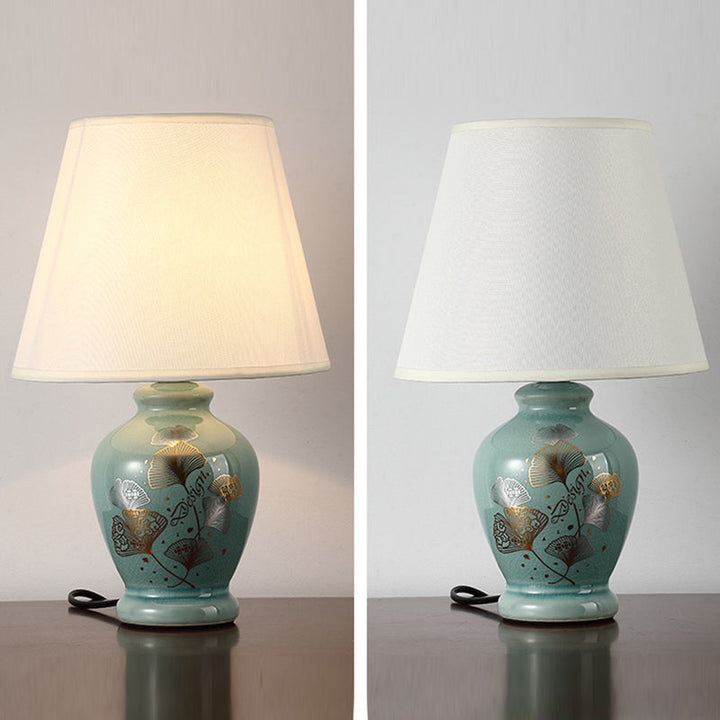 Norvo | Tradisjonelt kinesisk blomsterdesign rund vifte stoff keramikk 1-lys bordlampe til stuen