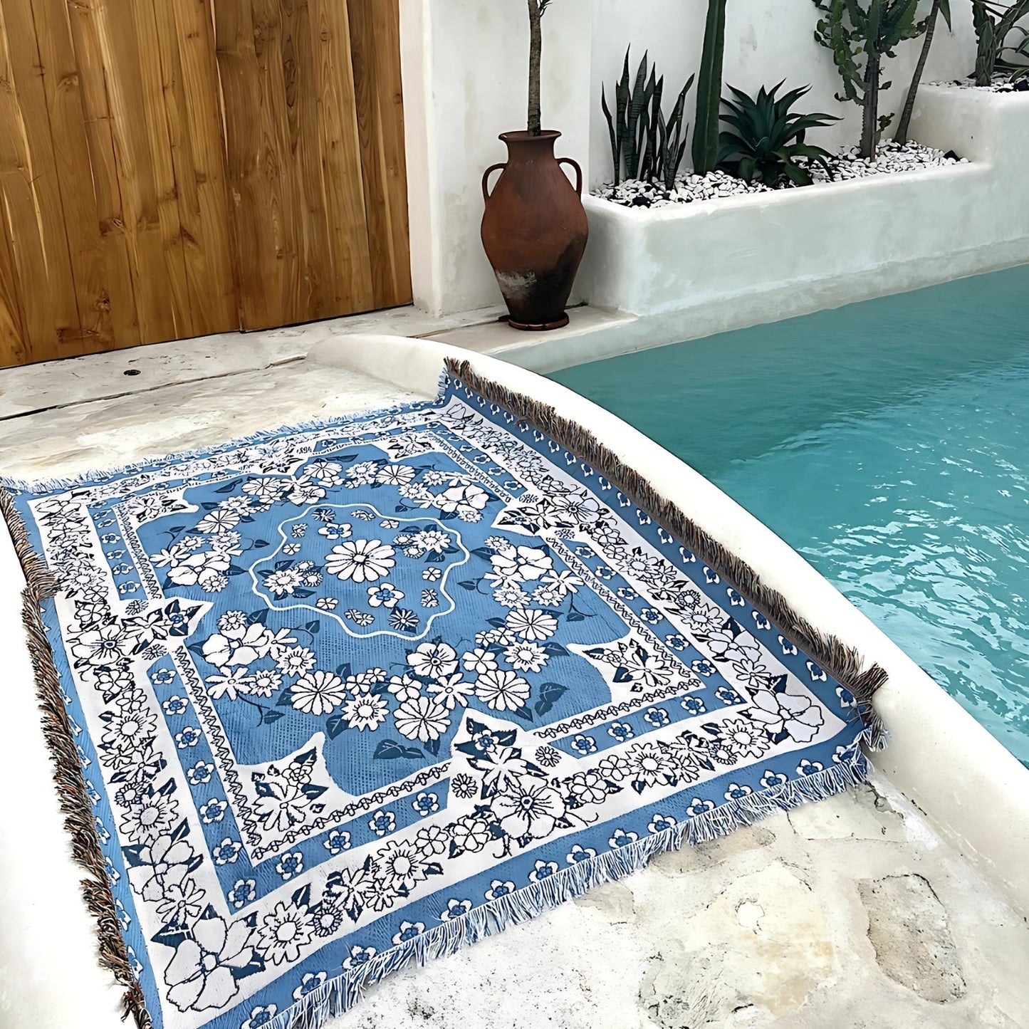 Norvo | Blå Daisy Bloom Boho Reise Utendørs Teppe