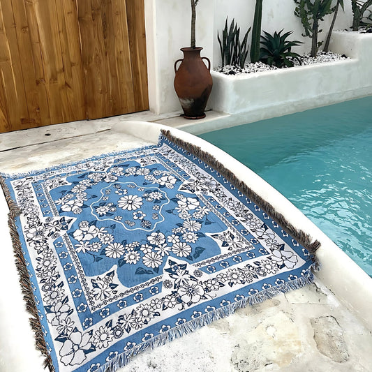 Norvo | Blå Daisy Bloom Boho Reise Utendørs Teppe