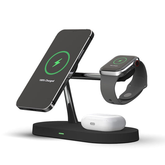 Norvo | 4-i-1 Trådløs Ladestasjon - Magnetisk Qi-lader for Telefon, Klokke & Ørepropper