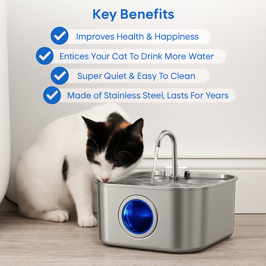 Norvo | Felindra Katte Drikkefontene Laget av Rustfritt Stål | Strømmende Vann for Bedre Hydrering | Stille & Hygienisk | 2,5 L Kapasitet