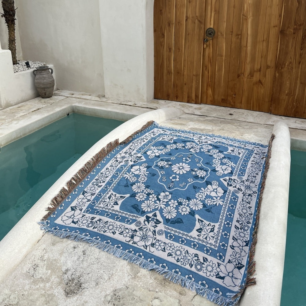 Norvo | Blå Daisy Bloom Boho Reise Utendørs Teppe