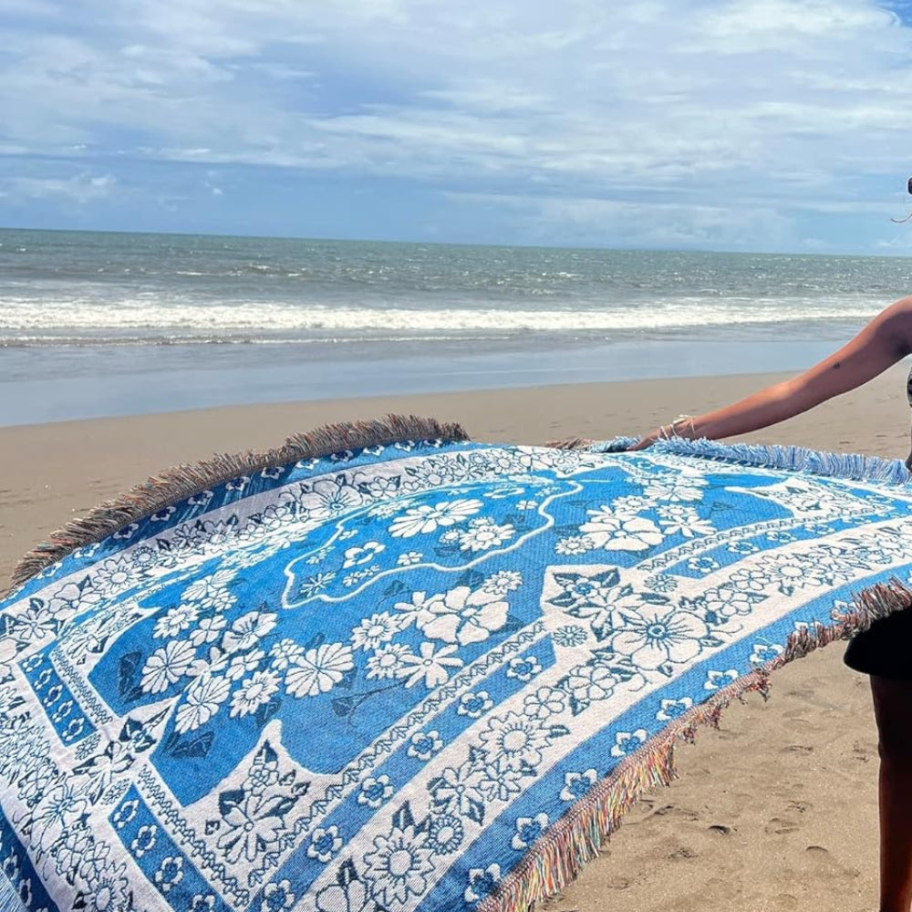 Norvo | Blå Daisy Bloom Boho Reise Utendørs Teppe