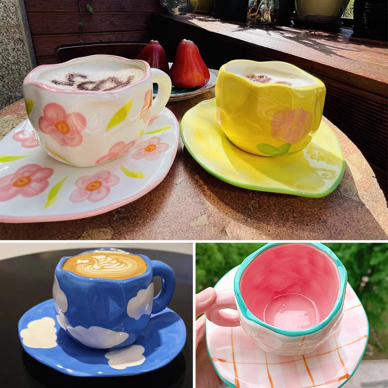 Håndmalt kreativ kaffekopp, keramisk tekopp og fatsett | Norvo