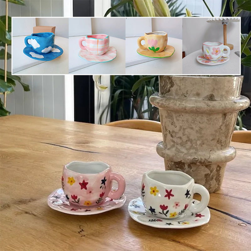 Håndmalt kreativ kaffekopp, keramisk tekopp og fatsett | Norvo