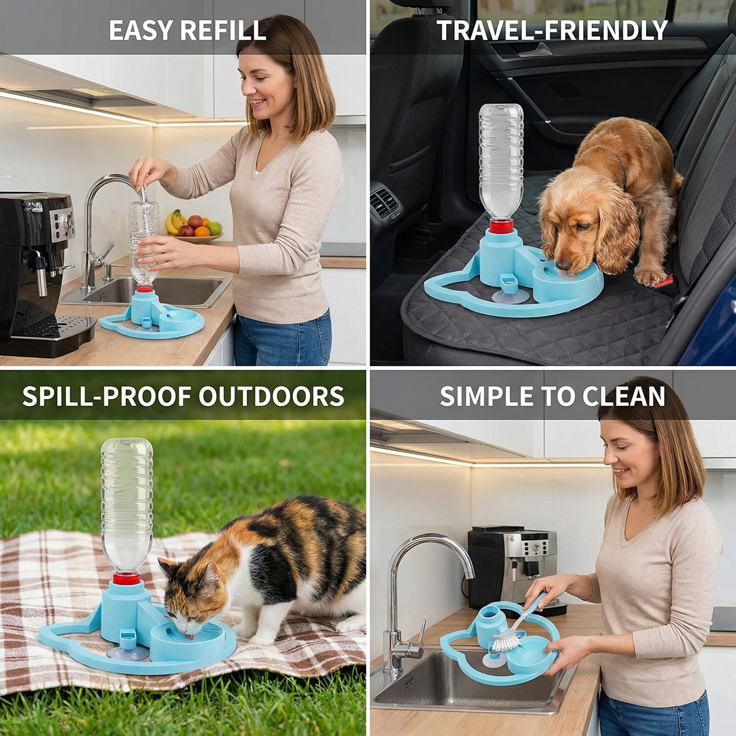 Automatisk kjæledyr vann dispenser – Ingen strøm nødvendig, sølefri & reisevennlig skål