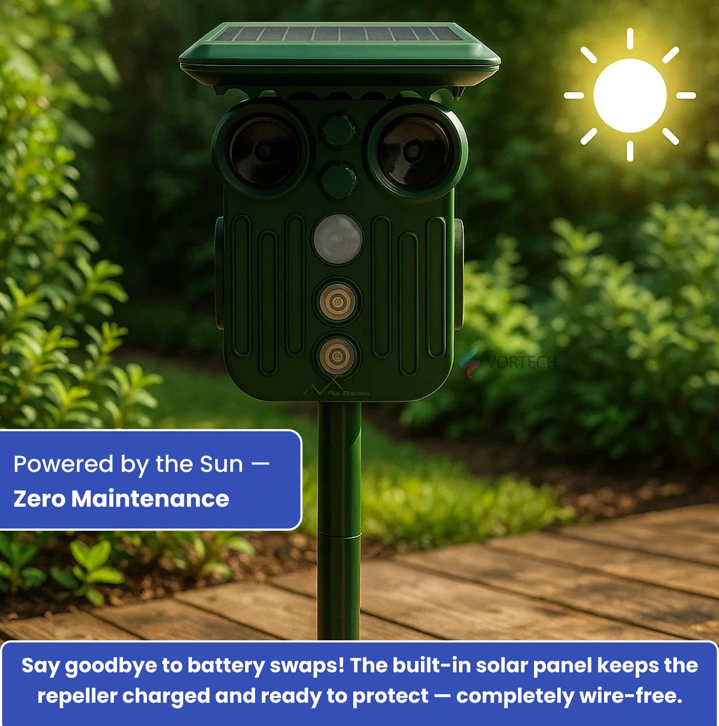 Norvo | Ultrasonisk Solhjorte Avskrekkende | 5 Justerbare Moduser. Vanntett og Miljøvennlig for Hjemmehager og Gårder