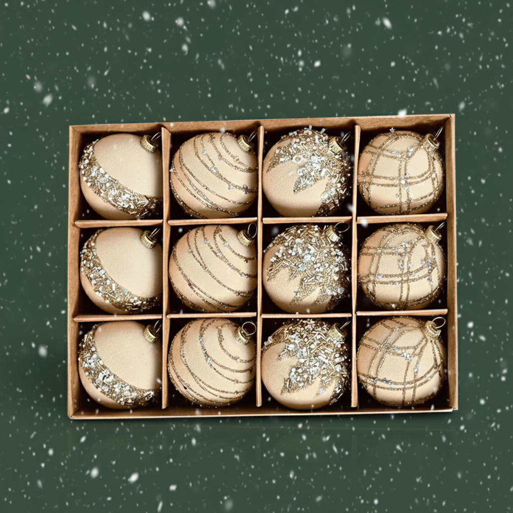 Fløyels Julekuler Sett (12 stk.) – Vinrød, Khaki & Grønn Pynt (6cm)