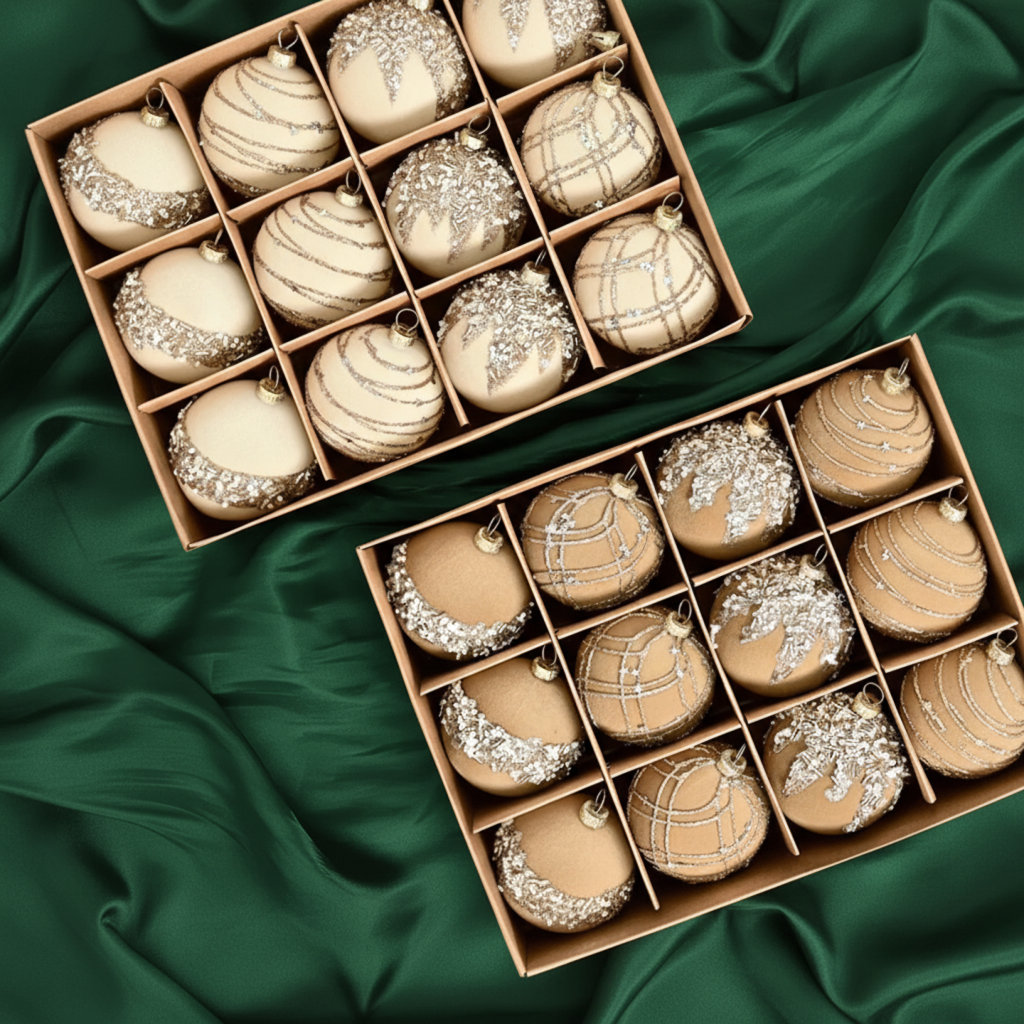 Fløyels Julekuler Sett (12 stk.) – Vinrød, Khaki & Grønn Pynt (6cm)