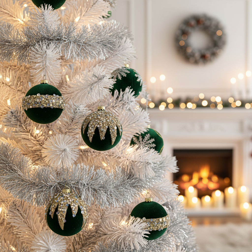 Fløyels Julekuler Sett (12 stk.) – Vinrød, Khaki & Grønn Pynt (6cm)