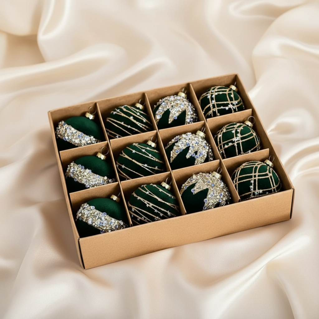 Fløyels Julekuler Sett (12 stk.) – Vinrød, Khaki & Grønn Pynt (6cm)