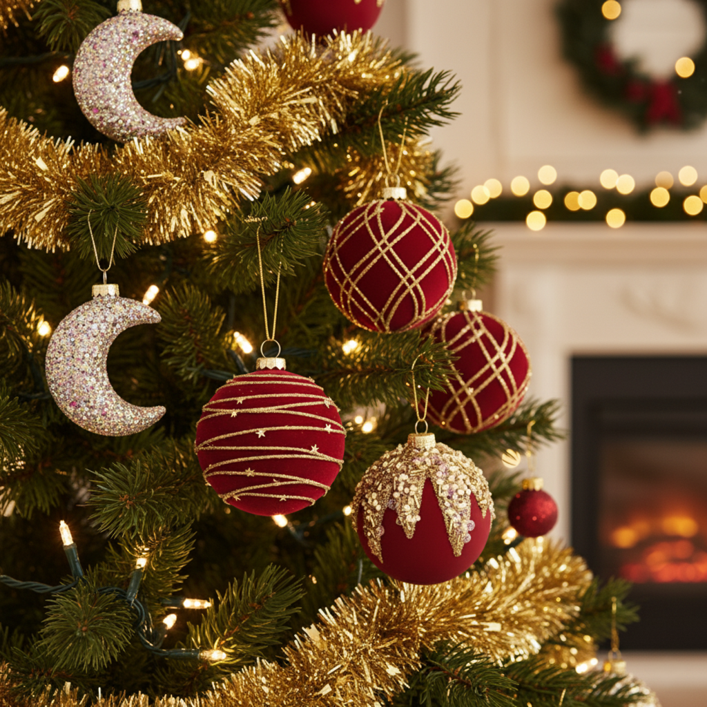 Fløyels Julekuler Sett (12 stk.) – Vinrød, Khaki & Grønn Pynt (6cm)