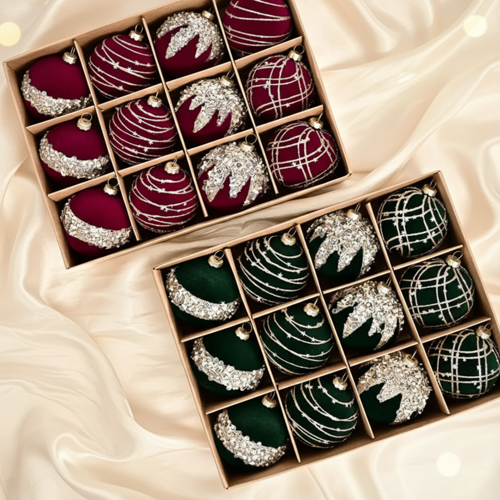 Fløyels Julekuler Sett (12 stk.) – Vinrød, Khaki & Grønn Pynt (6cm)