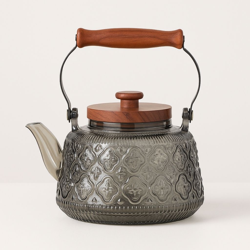 Norvo | Zoie Glass Tekanne med Infuser – Varmeresistent 1000ml Borosilikatkjele med Trehåndtak