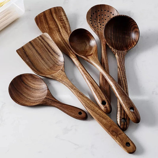 Norvo | TeakChef 7-dels Kjøkkenverktøy Sett – Premium Teak Kjøkkenverktøy for Stil & Funksjonalitet