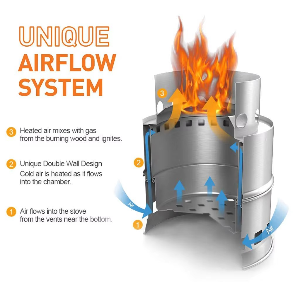 Norvo | Bærbar Rustfritt Stål Vedfyrt Campingkomfyr - Lett Utendørs Koker for Reise og BBQ