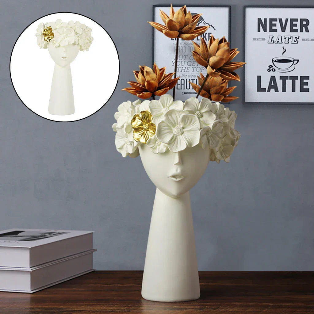 Norvo | Nordisk Jente Hode Blomst Harpiks Vase Statue Blomst Blomster Vaser for Kontor Skrivbord Tørkede Blomster Ornamenter Dekor Beholder