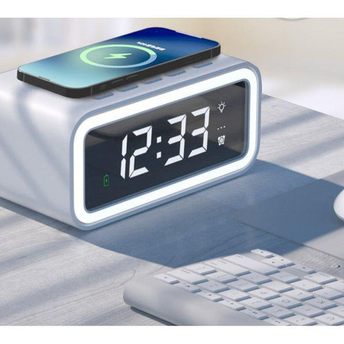 Norvo | MultiTime 2-i-1 Digital Vekkerklokke med Trådløs Qi Lading – LED Display & Snooze Funksjon