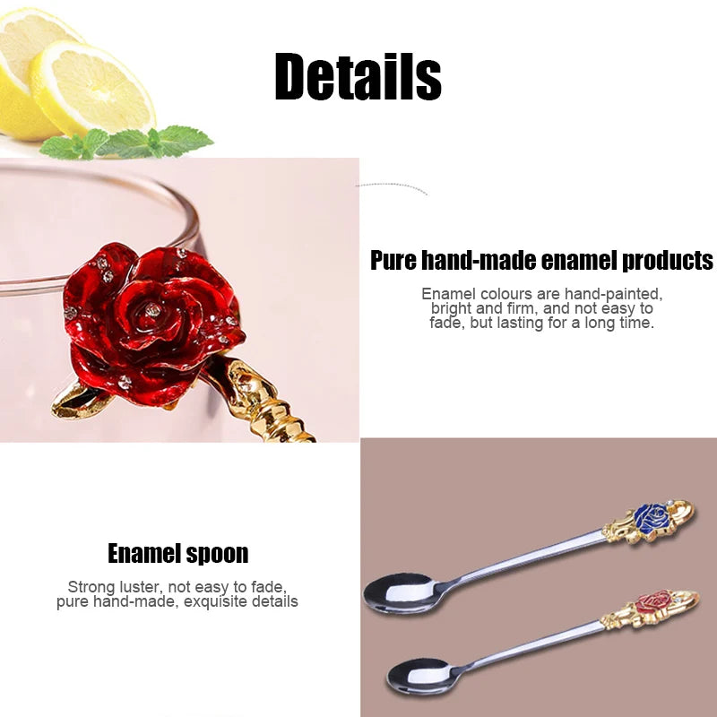 Norvo | Håndlagde emaljekopper Rose-Glass tekrus med stålskje Luksus unike gaver til bryllup, Valentinsdag, bursdagsgaver