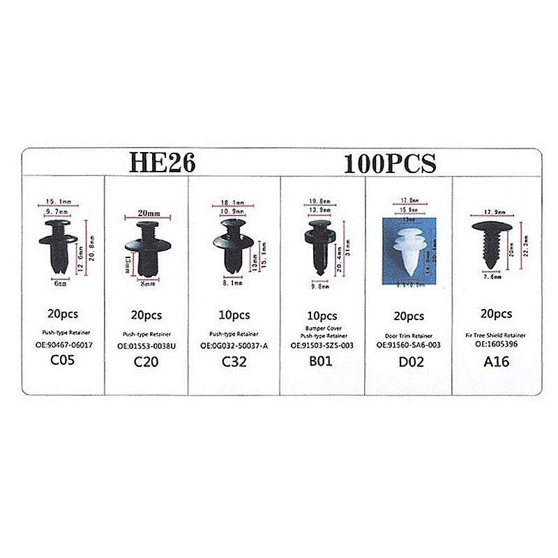 Norvo | 100stk Auto Festepinne Rivet Bumper Bil Kviste Kit