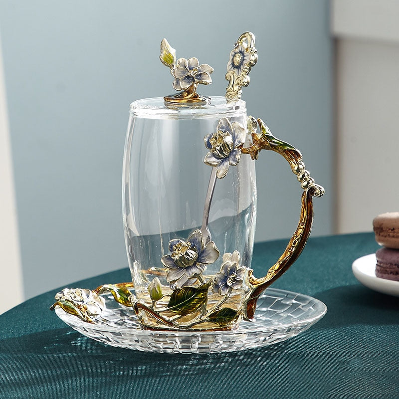 Norvo | Håndlagd emalje blomster glasskrus for par kjærlighetsgave kan servere kaffe, smaksatt te eller til og med sitronsaft i
