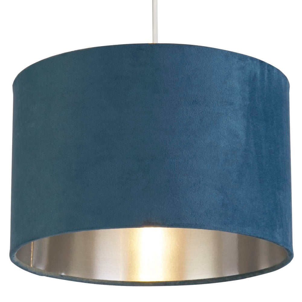 Norvo | Teal Blue Velvet Vintage Easy Fit Trommeskjerm med Sølvinteriør 28cm