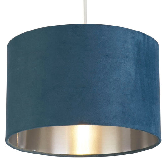Norvo | Teal Blue Velvet Vintage Easy Fit Trommeskjerm med Sølvinteriør 28cm