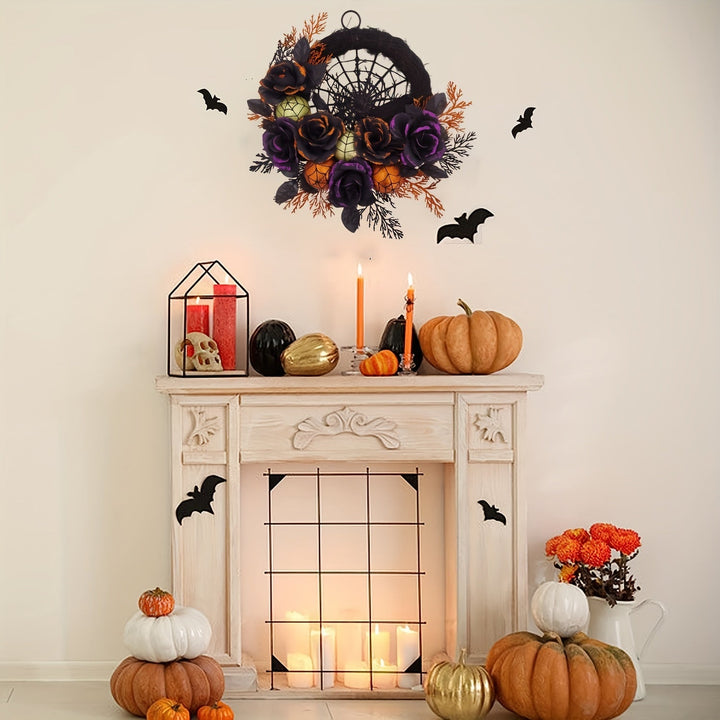 Norvo | Halloween Gotisk Blomsterkrans - Svart Roser & Spindelvev Frontdørdekor med Glitrende Akenter