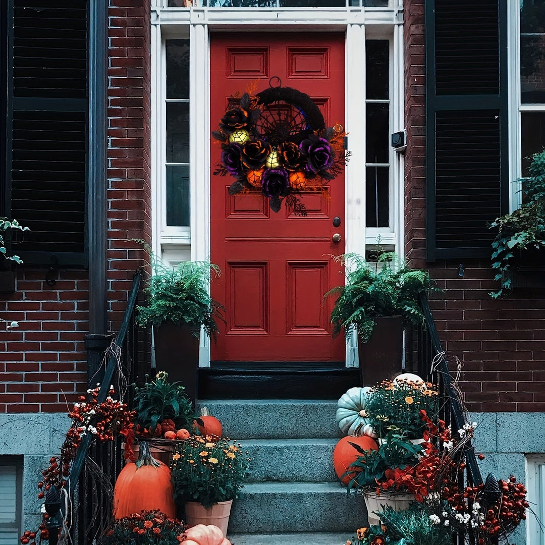 Norvo | Halloween Gotisk Blomsterkrans - Svart Roser & Spindelvev Frontdørdekor med Glitrende Akenter
