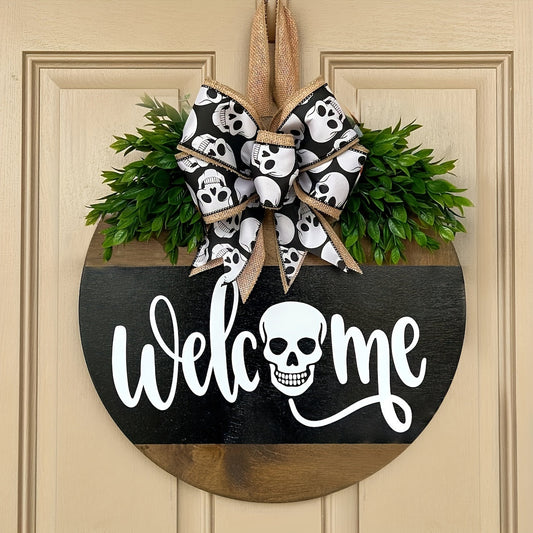 Norvo | Spooky Skull Krans – Rustikk Halloween Frontdør Velkomstskilt