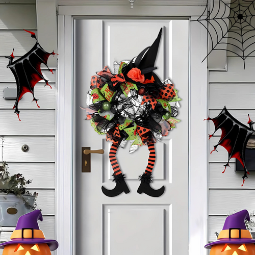 Norvo | Leken heks mesh krans – Halloween inngangsdørdekorasjon for festlig moro