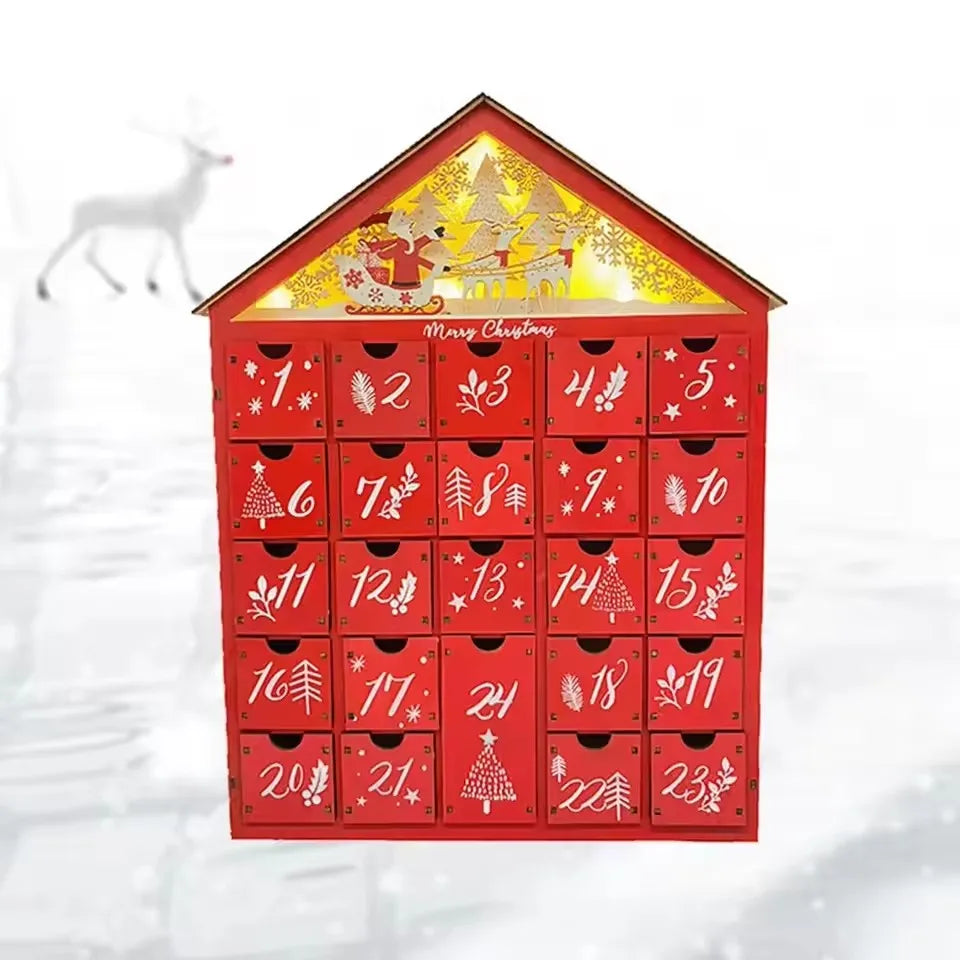 Norvo | Tre Adventskalender med 24 Oppbevaringsskuffer – Refillbar DIY Julekalender med Belysning, 30 x 6.3 x 39 cm