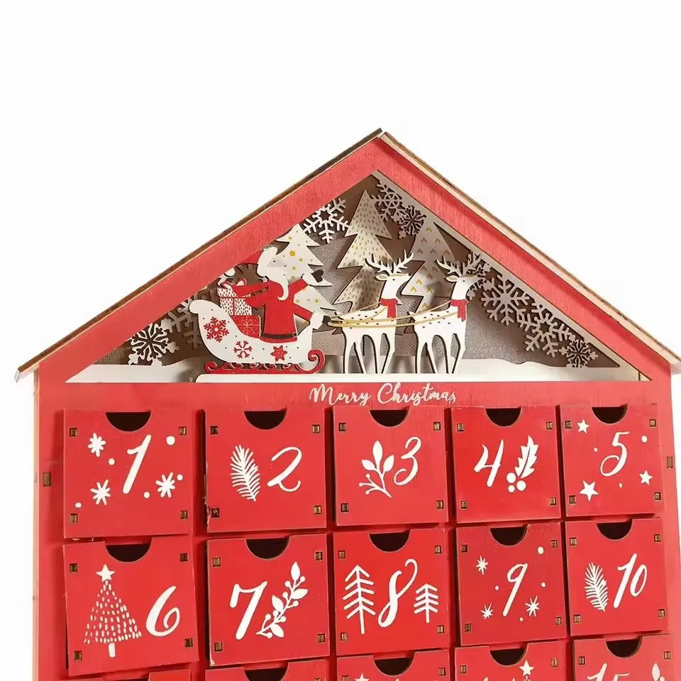 Norvo | Tre Adventskalender med 24 Oppbevaringsskuffer – Refillbar DIY Julekalender med Belysning, 30 x 6.3 x 39 cm