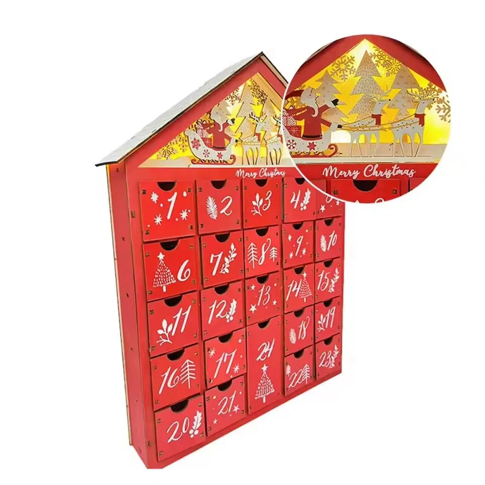 Norvo | Tre Adventskalender med 24 Oppbevaringsskuffer – Refillbar DIY Julekalender med Belysning, 30 x 6.3 x 39 cm