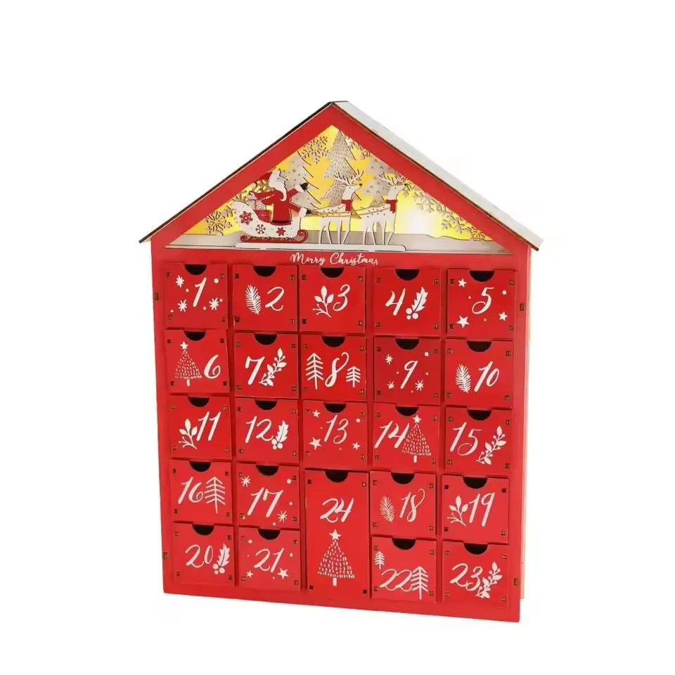 Norvo | Tre Adventskalender med 24 Oppbevaringsskuffer – Refillbar DIY Julekalender med Belysning, 30 x 6.3 x 39 cm