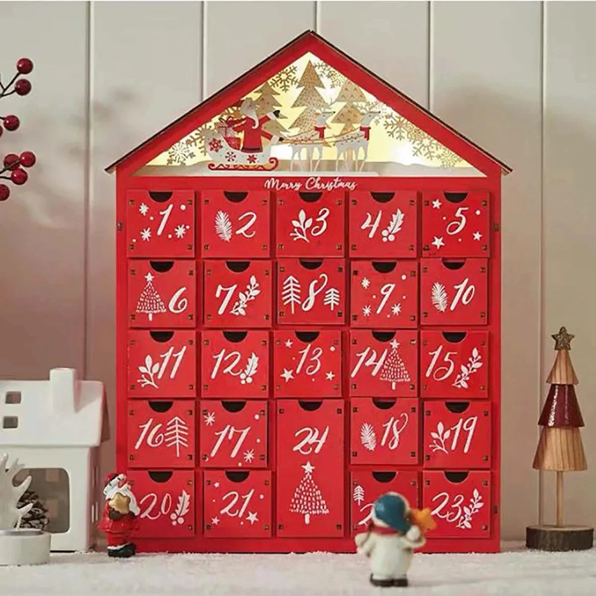 Norvo | Tre Adventskalender med 24 Oppbevaringsskuffer – Refillbar DIY Julekalender med Belysning, 30 x 6.3 x 39 cm