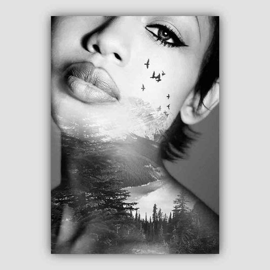 Norvo | Svart og hvit abstrakt fotokunst kvinne og skog