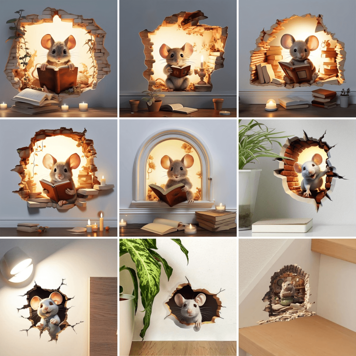 Norvo | DecoraMice 3D Tegneserie Veggklistremerker | Søte Mus Veggklistremerker for Barnerom og Stueinnredning