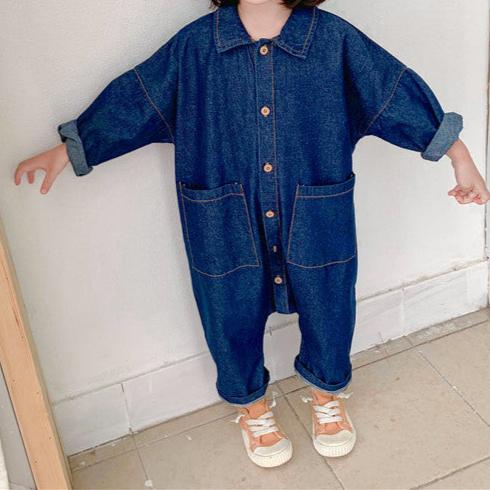 Norvo | Jumpsuit for småbarn og førskolebarn, Blå/beige bomull, Pustende og komfortabel, Enkel trykknappåpning