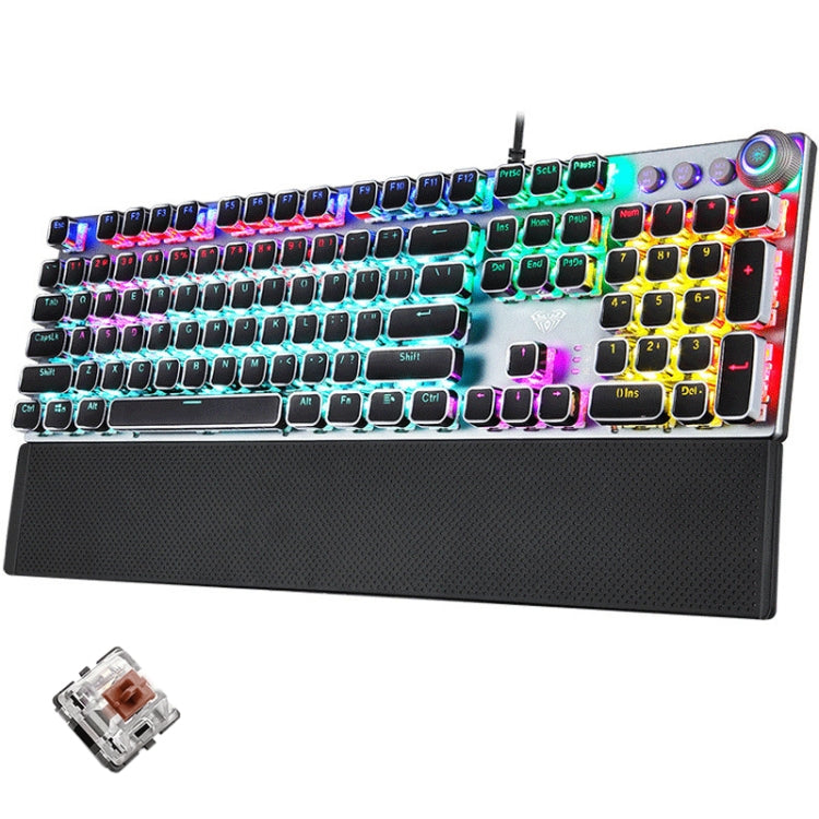 Norvo | AULA F2088 108 Taster Blandet Lysbelegg Punk Mekanisk Brun Bryter Kablet USB Gaming Tastatur med Metalltast (Sølv)