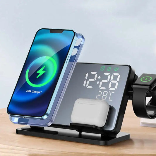 Norvo | 3-i-1 Hurtiglade Stasjon | Premium Trådløs Hurtiglading Docking Stasjon med Vekkerklokke | for Apple iPhone, Klokke & AirPods