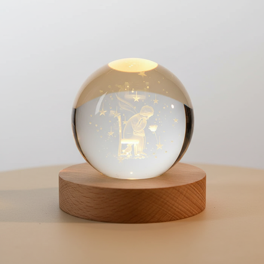 Norvo | AstroGlobe 3D Lampe – Sferisk Tre Bordlampe med Varme LED Lys og Planet Design