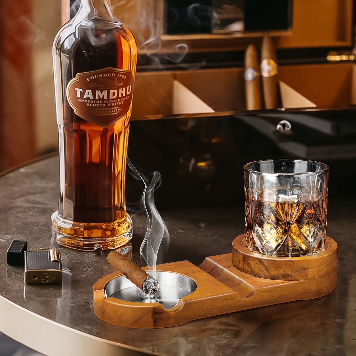 Norvo | CigarOak Askebeger med Whiskeyholder – Luksus Treskuff for Sigarelskere