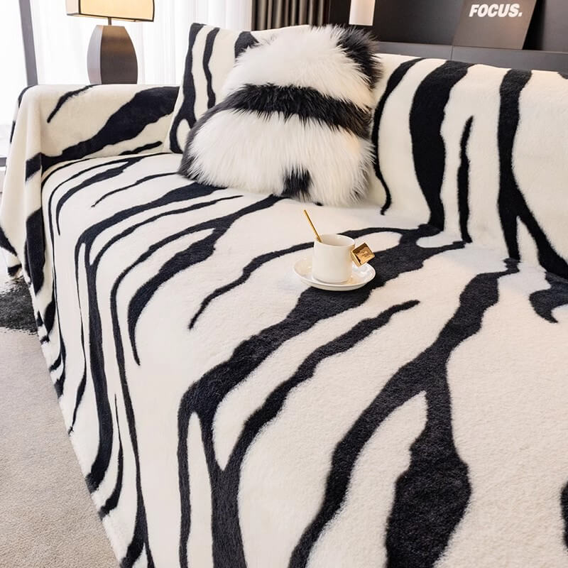 Norvo | Zebra-print fluffy plush sofa protector stylish couch cover