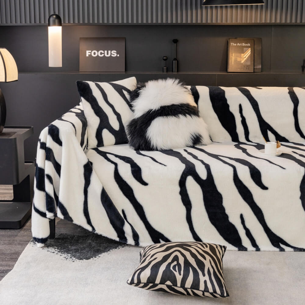 Norvo | Zebra-print fluffy plush sofa protector stylish couch cover